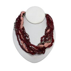 Multi-Strand Beaded Necklace With Red & Pink Stones